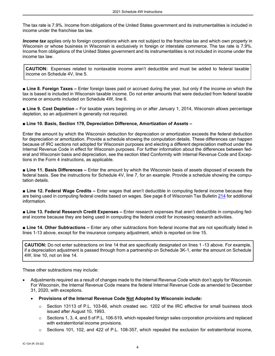 Instructions for Form IC-024 Schedule 4W Wisconsin Subtractions From Federal Income - Wisconsin, Page 4