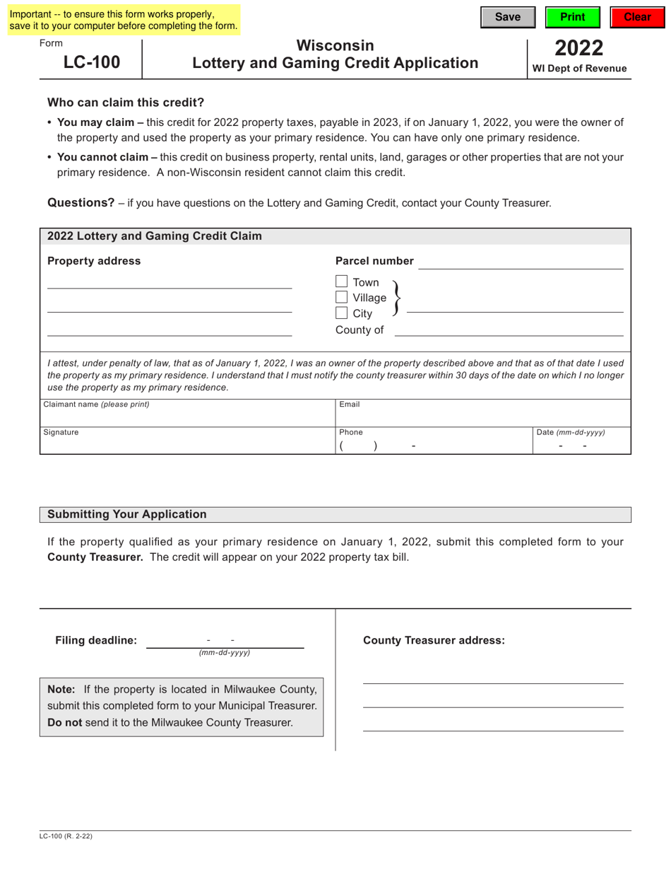 Form LC-100 Lottery and Gaming Credit Application - Wisconsin, Page 1