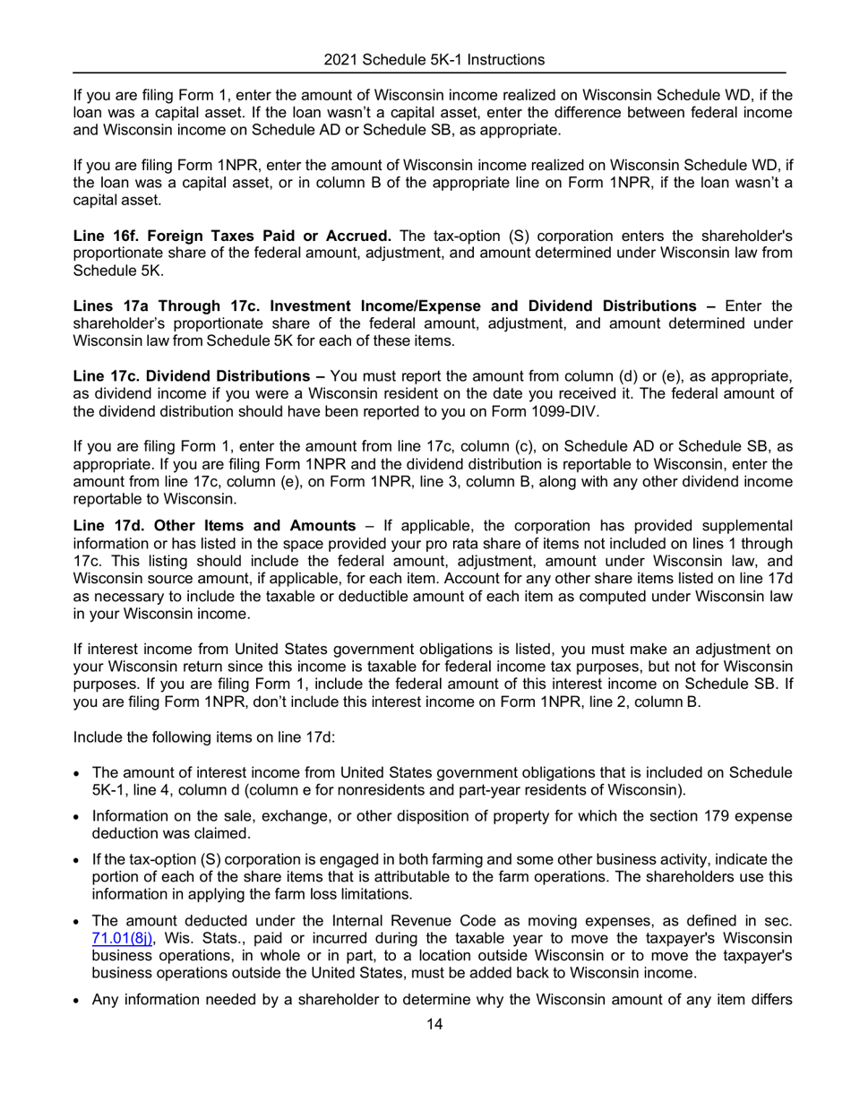 Instructions for Form IC-056 Schedule 5K-1 Tax-Option (S) Corporation Shareholders Share of Income, Deductions, Credits, Etc. - Wisconsin, Page 15