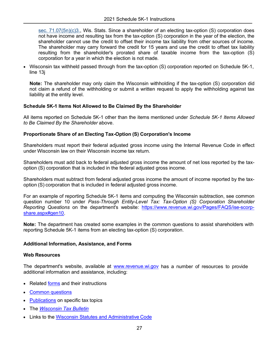Instructions for Form IC-056 Schedule 5K-1 Tax-Option (S) Corporation Shareholders Share of Income, Deductions, Credits, Etc. - Wisconsin, Page 28