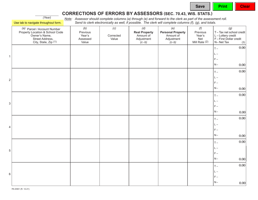 Form PA-5/661 Corrections of Errors by Assessors - Wisconsin