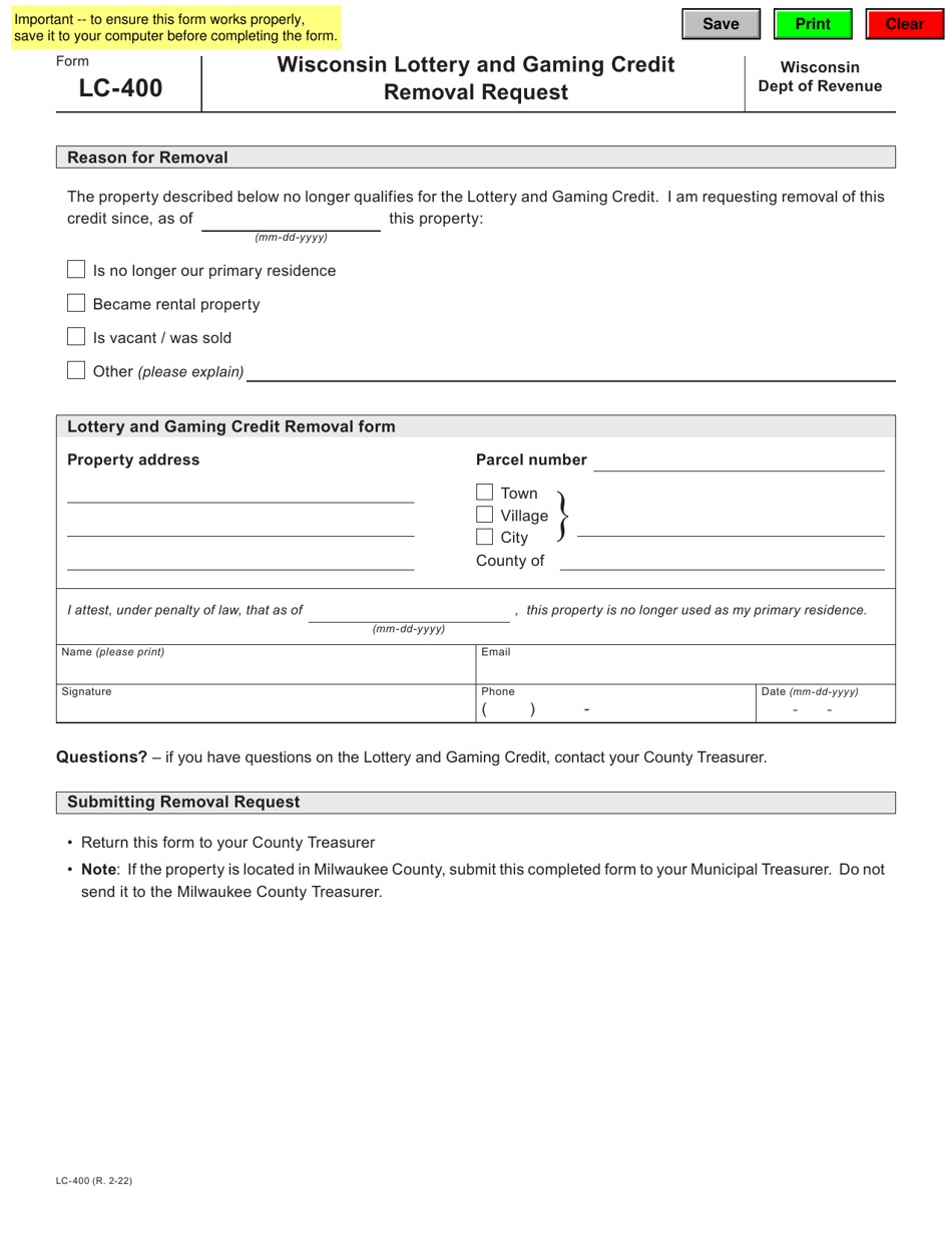 Form LC-400 Wisconsin Lottery and Gaming Credit Removal Request - Wisconsin, Page 1