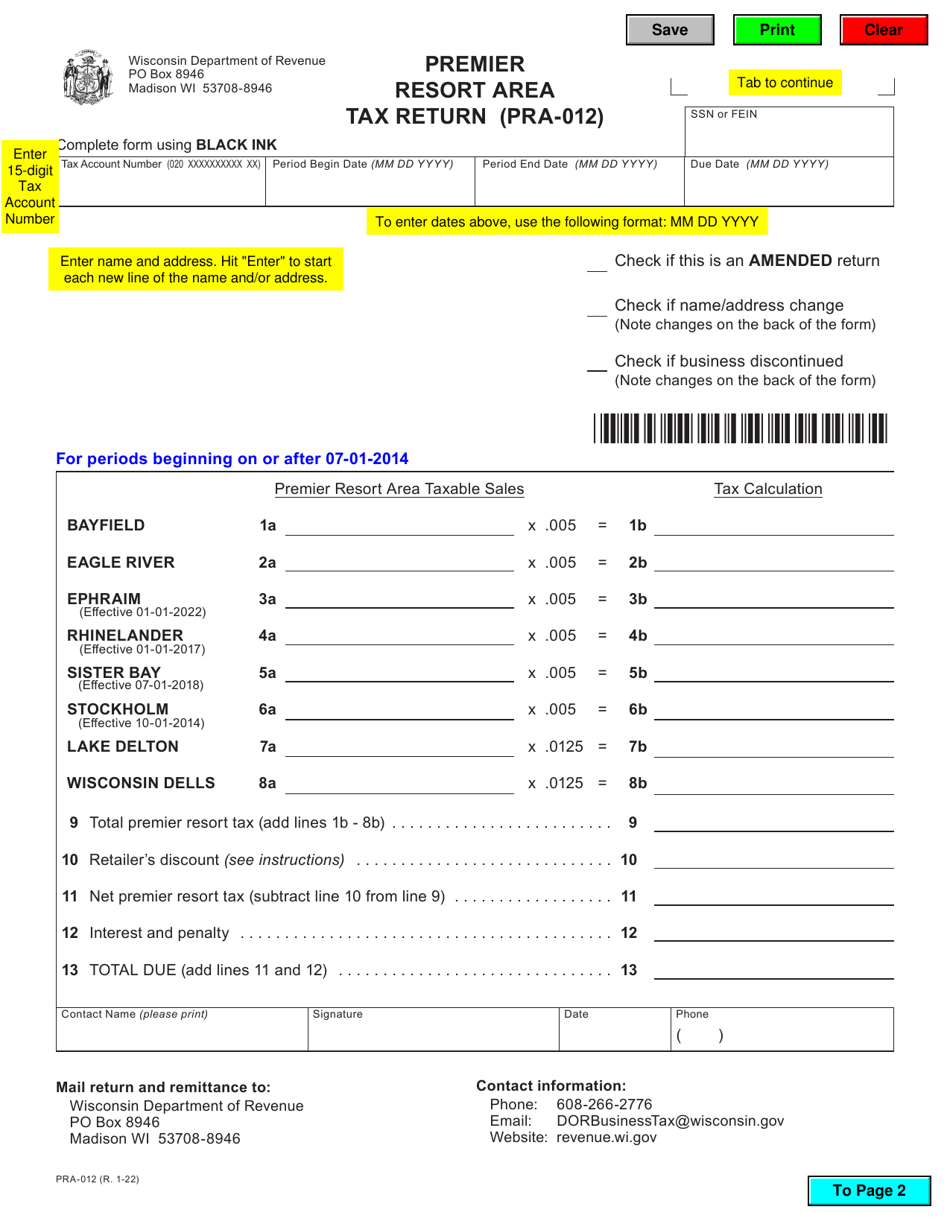 Form PRA-012 Premier Resort Area Tax Return - Wisconsin, Page 1