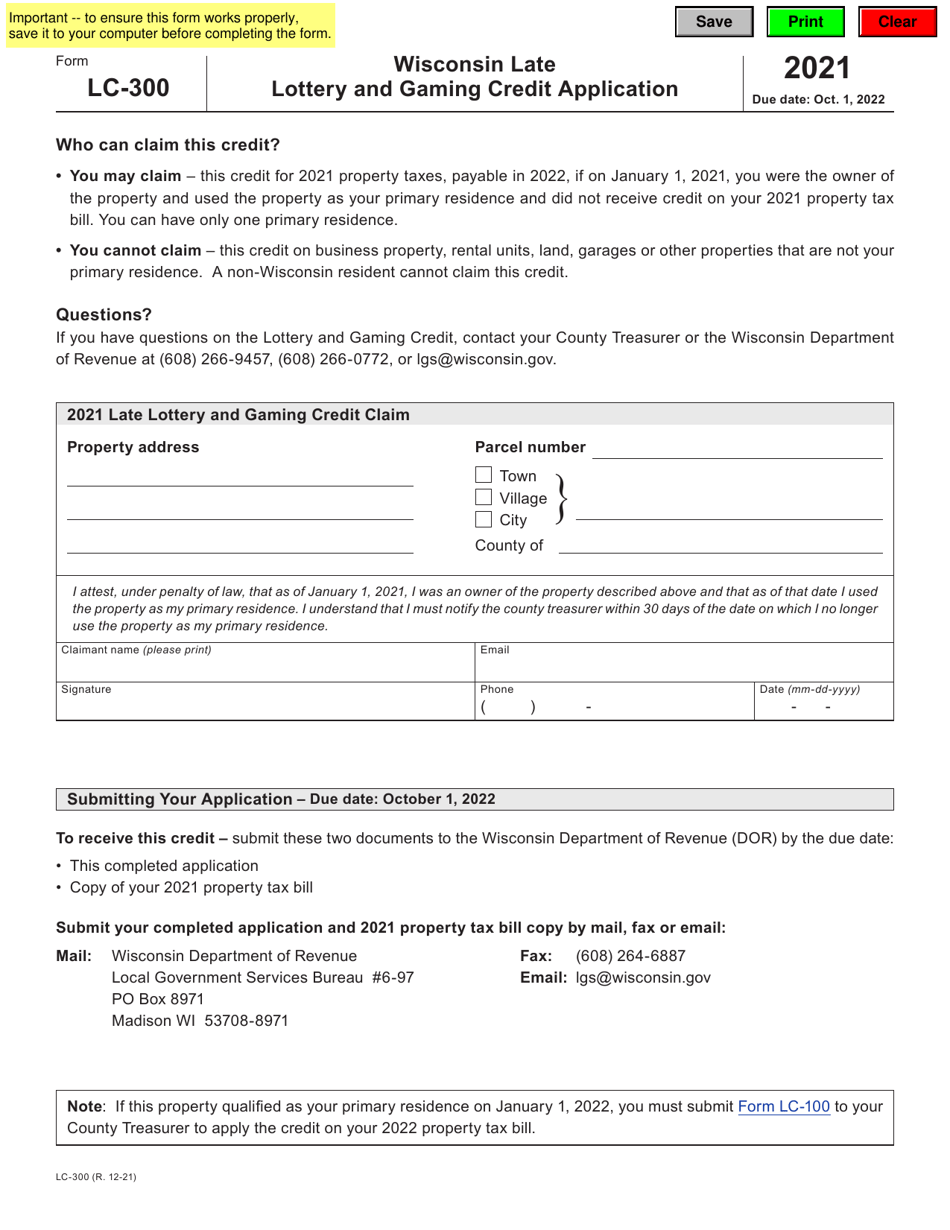 Form LC-300 Wisconsin Late Lottery and Gaming Credit Application - Wisconsin, Page 1