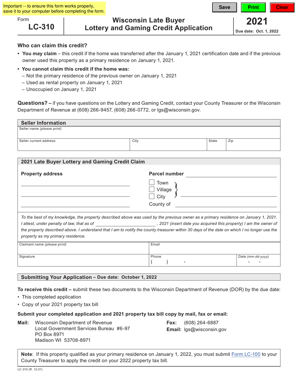 Form Lc 310 Download Fillable Pdf Or Fill Online Wisconsin Late Buyer Lottery And Gaming Credit 5093