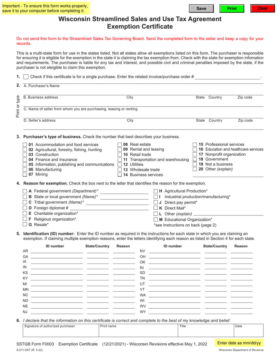 Form S-211-SST Wisconsin Streamlined Sales and Use Tax Agreement Exemption Certificate - Wisconsin, Page 1