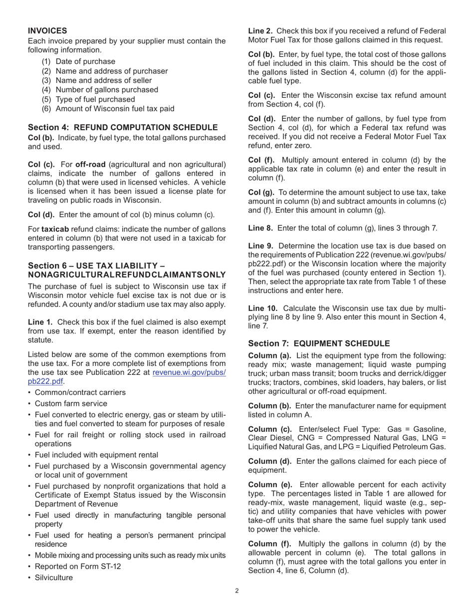 Instructions for Form MF-001 Fuel Tax Refund Claim - Wisconsin, Page 2