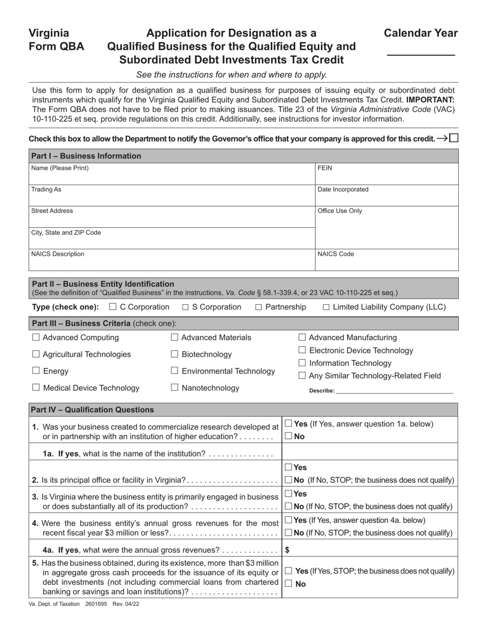 Form QBA Application for Designation as a Qualified Business for the Qualified Equity and Subordinated Debt Investments Tax Credit - Virginia, Page 1