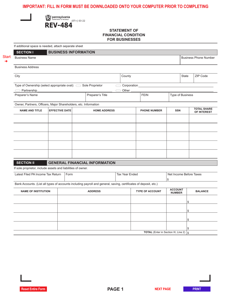 Form REV-484 Statement of Financial Condition for Businesses - Pennsylvania, Page 1