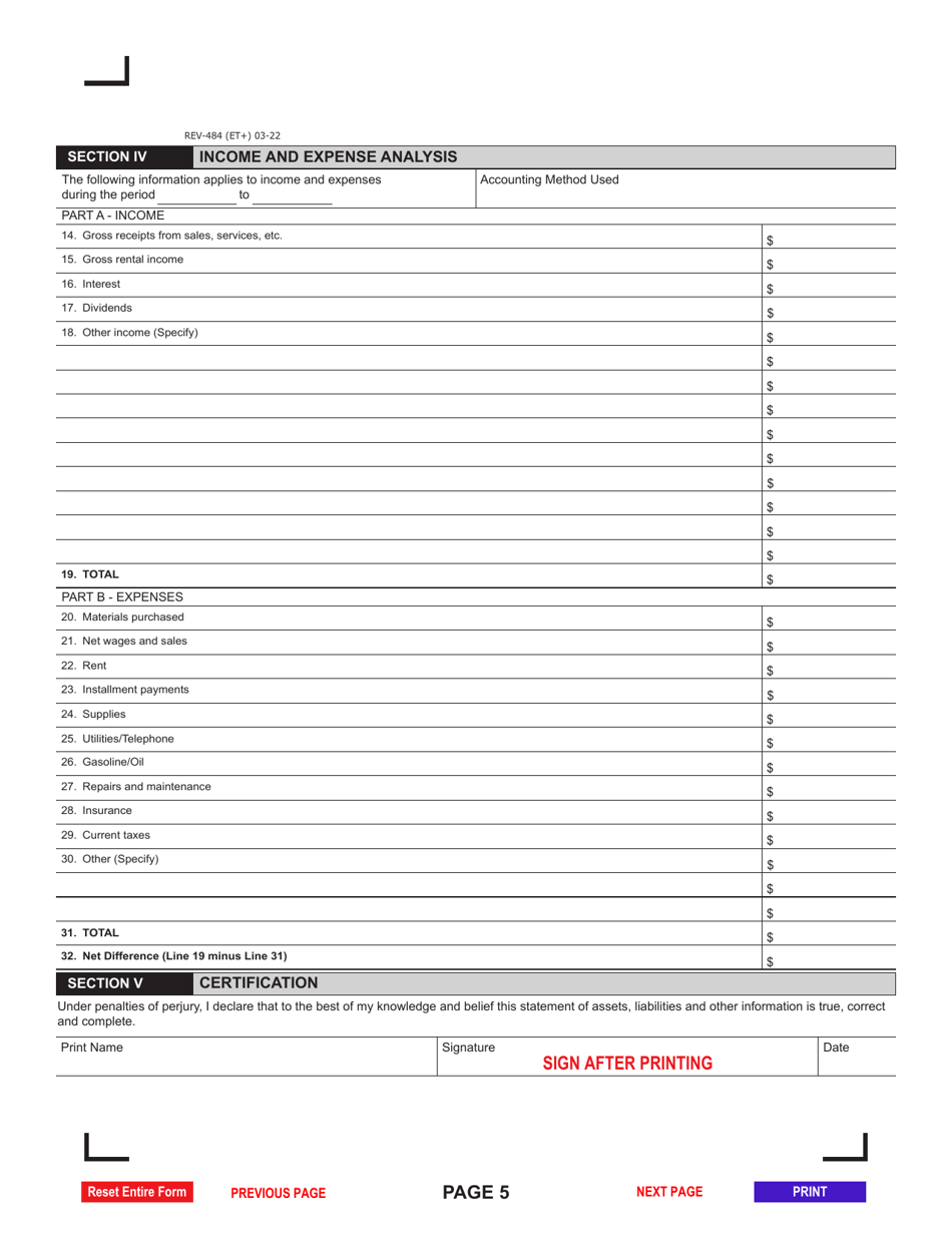 Form REV-484 Statement of Financial Condition for Businesses - Pennsylvania, Page 5