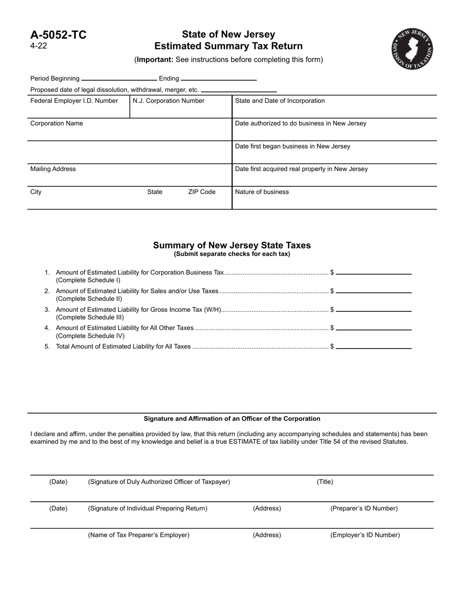 Form A-5052-TC Estimated Summary Tax Return - New Jersey, Page 1