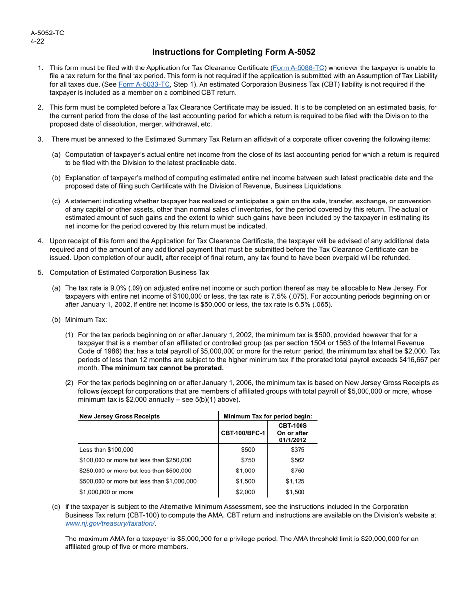 Form A-5052-TC Estimated Summary Tax Return - New Jersey, Page 3