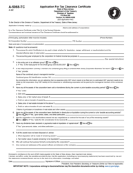 Document preview: Form A-5088-TC Application for Tax Clearance Certificate - New Jersey