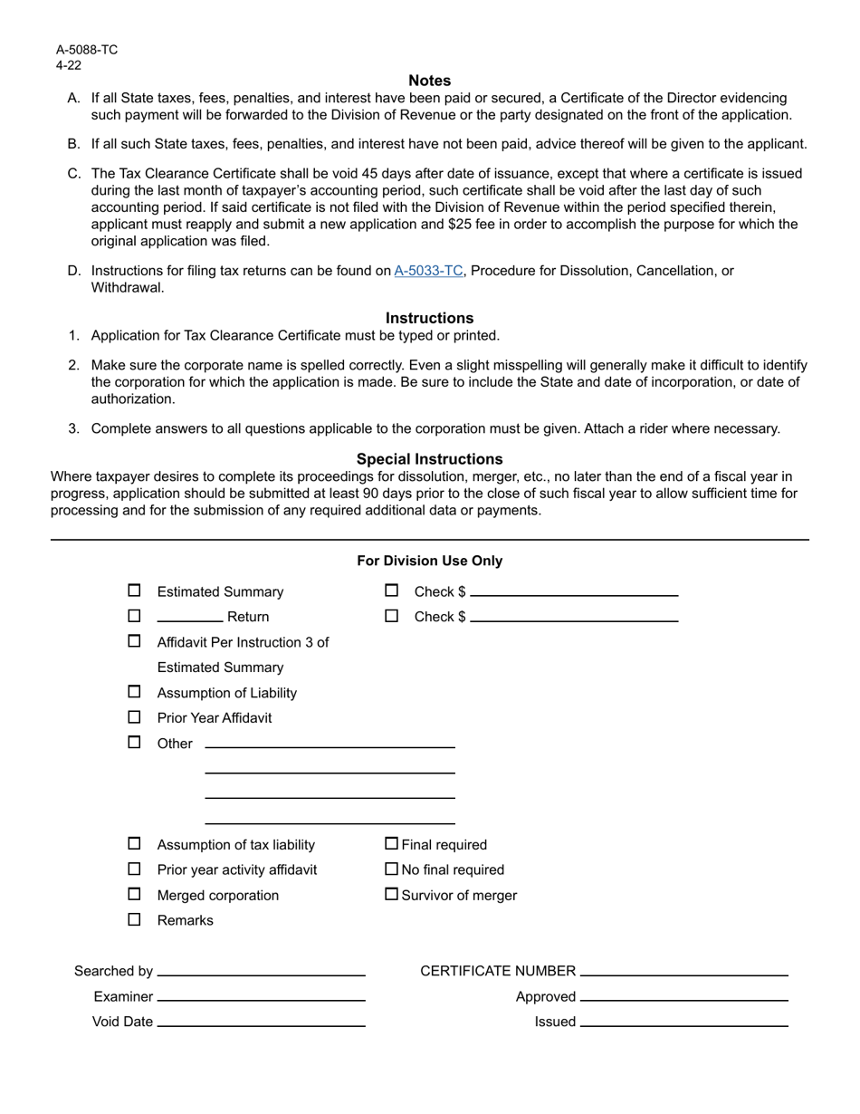 Form A-5088-TC Application for Tax Clearance Certificate - New Jersey, Page 2