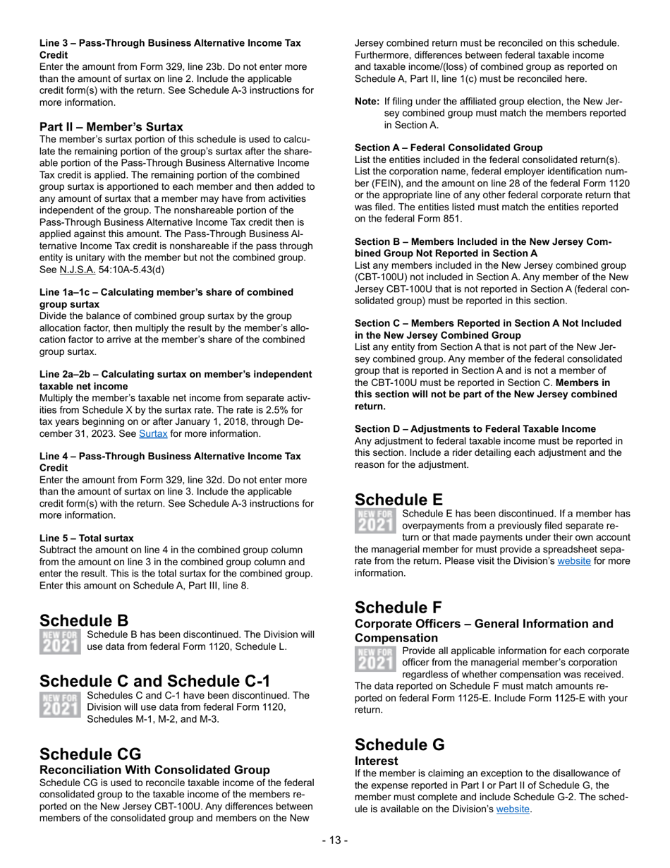 Instructions for Form CBT-100U New Jersey Corporation Business Tax Unitary Return - New Jersey, Page 14