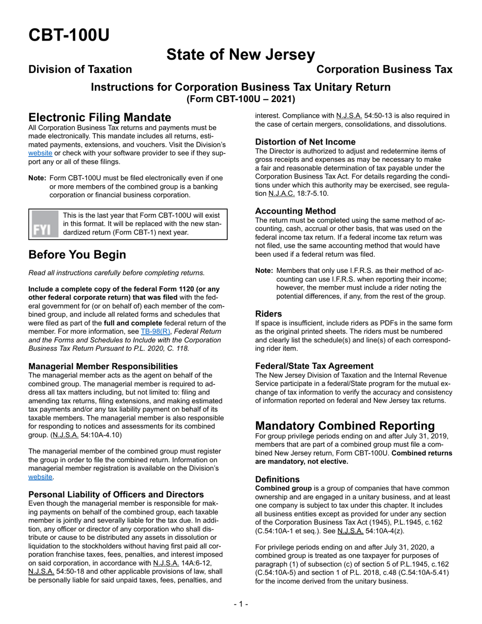 Instructions for Form CBT-100U New Jersey Corporation Business Tax Unitary Return - New Jersey, Page 2