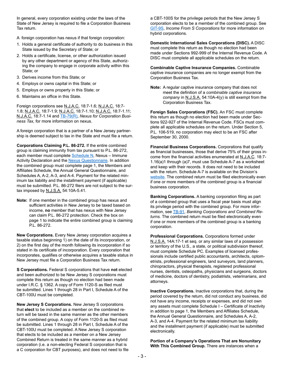 Instructions for Form CBT-100U New Jersey Corporation Business Tax Unitary Return - New Jersey, Page 4