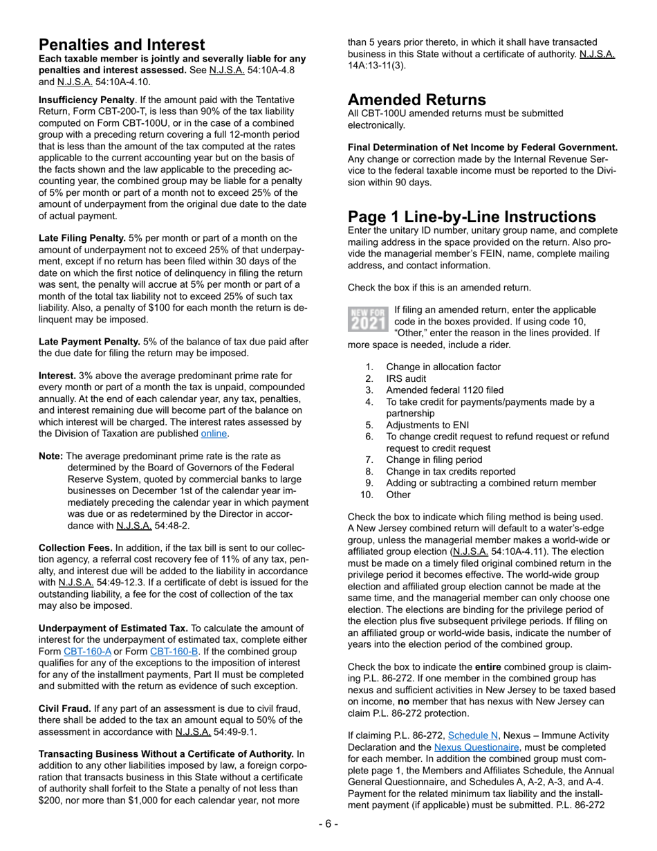 Instructions for Form CBT-100U New Jersey Corporation Business Tax Unitary Return - New Jersey, Page 7