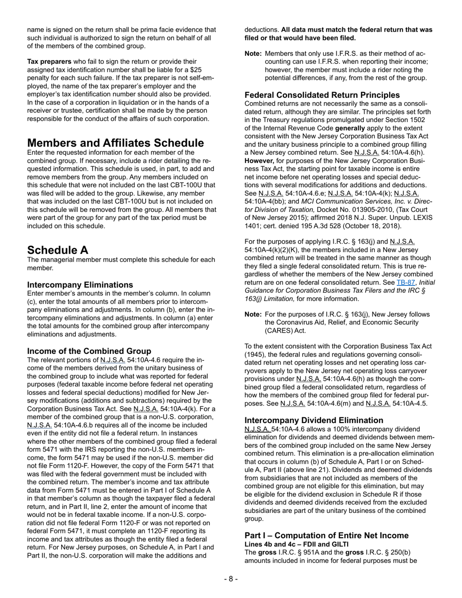 Instructions for Form CBT-100U New Jersey Corporation Business Tax Unitary Return - New Jersey, Page 9