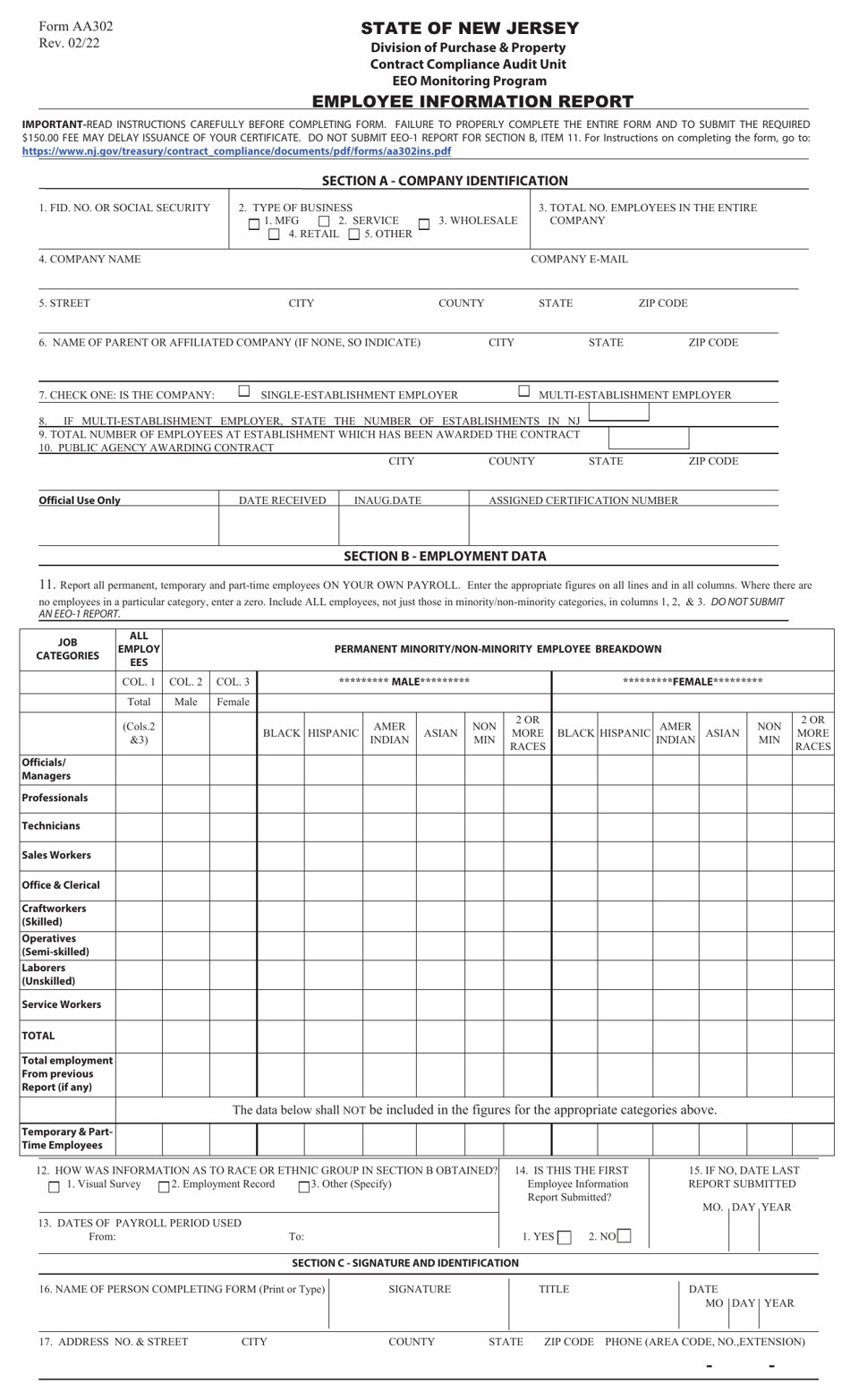 Form AA302 Employee Information Report - New Jersey, Page 1
