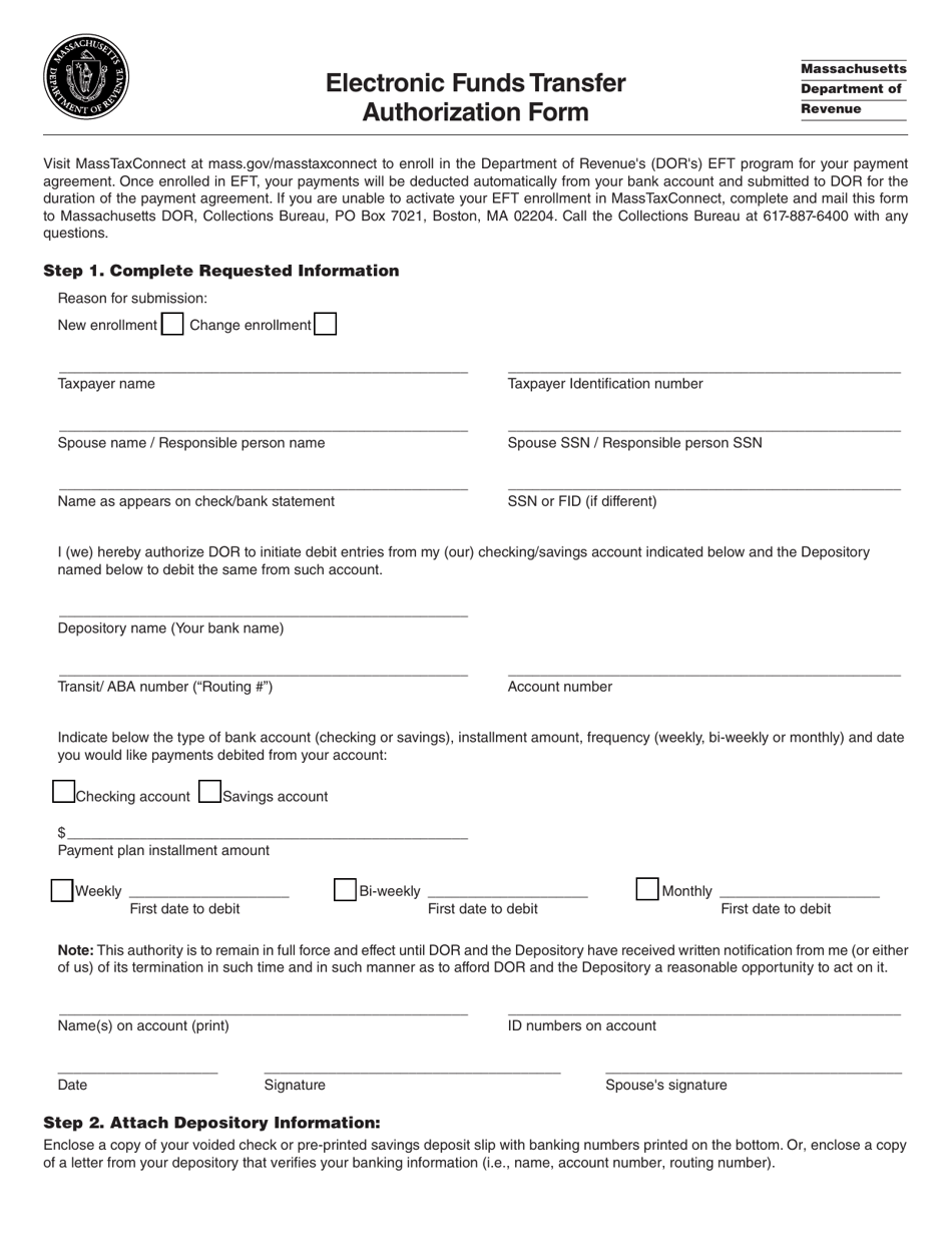 Electronic Funds Transfer Authorization Form - Massachusetts, Page 1