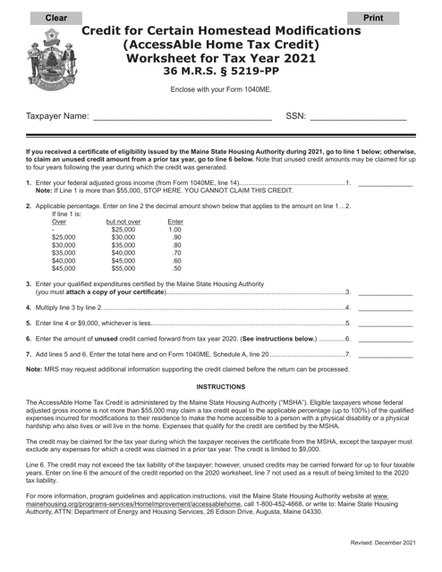 Credit for Certain Homestead Modifications (Accessable Home Tax Credit) Worksheet - Maine, 2021