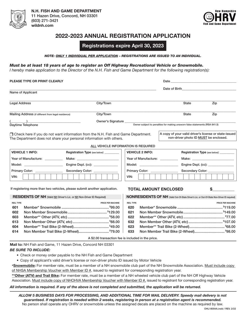 Form OHL18004A Annual Registration Application - New Hampshire, Page 1