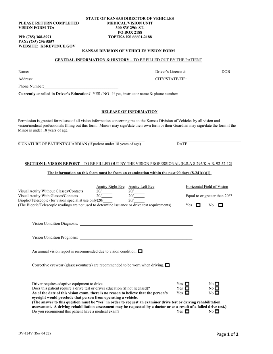 Form DV-124V Vision Form - Kansas, Page 1