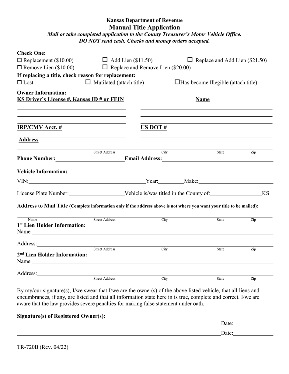 Form TR-720B Manual Title Application - Kansas, Page 1