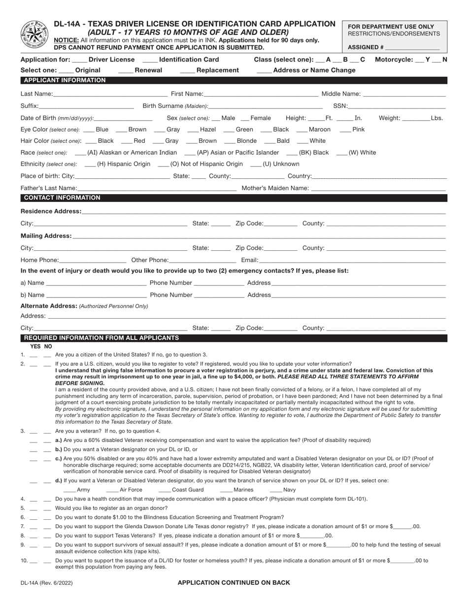 Form DL-14A Texas Driver License or Identification Card Application (Adult - 17 Years 10 Months of Age and Older) - Texas, Page 1