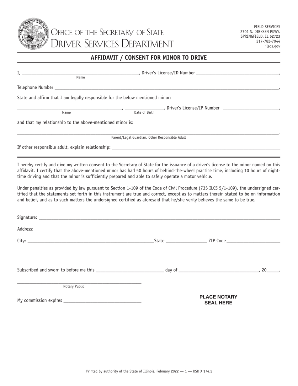 Form DSD X174 Affidavit / Consent for Minor to Drive - Illinois, Page 1