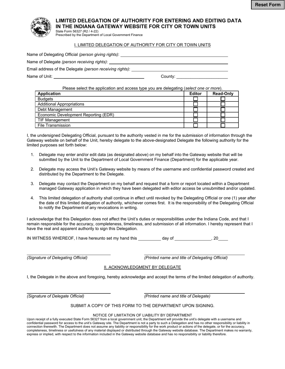 State Form 56327 Limited Delegation of Authority for Entering and Editing Data in the Indiana Gateway Website for City or Town Units - Indiana, Page 1