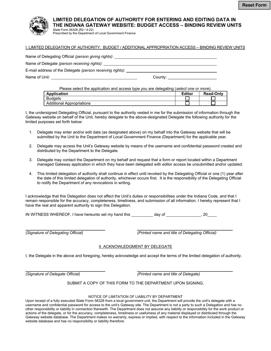 State Form 56328 Limited Delegation of Authority for Entering and Editing Data in the Indiana Gateway Website: Budget Access - Binding Review Units - Indiana, Page 1