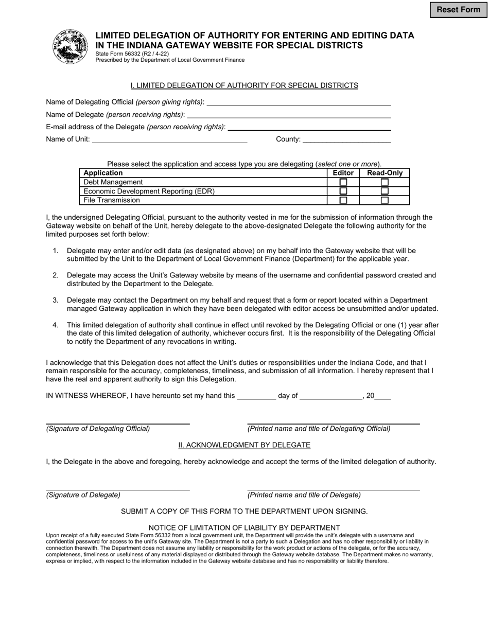 State Form 56332 Limited Delegation of Authority for Entering and Editing Data in the Indiana Gateway Website for Special Districts - Indiana, Page 1