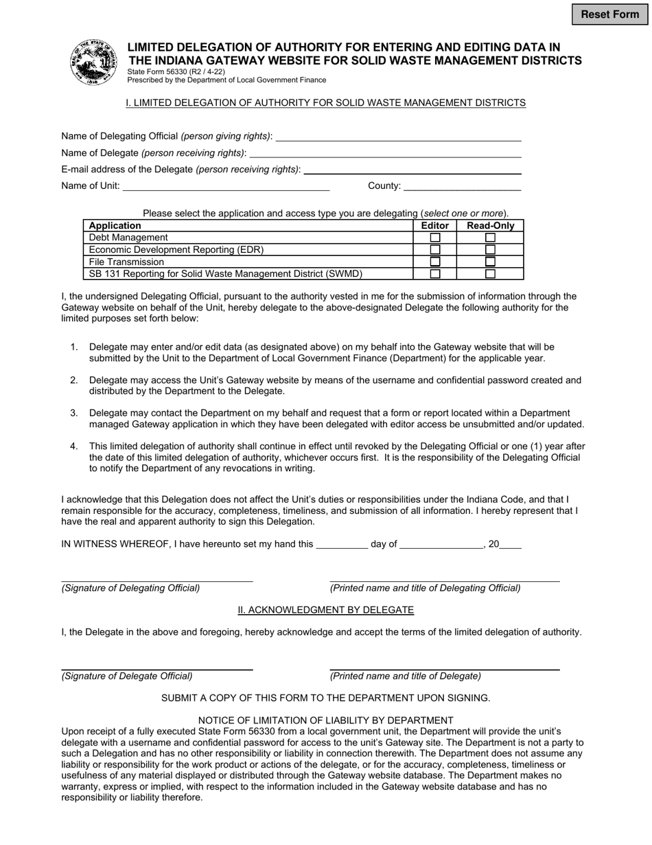 State Form 56330 Limited Delegation of Authority for Entering and Editing Data in the Indiana Gateway Website for Solid Waste Management Districts - Indiana, Page 1