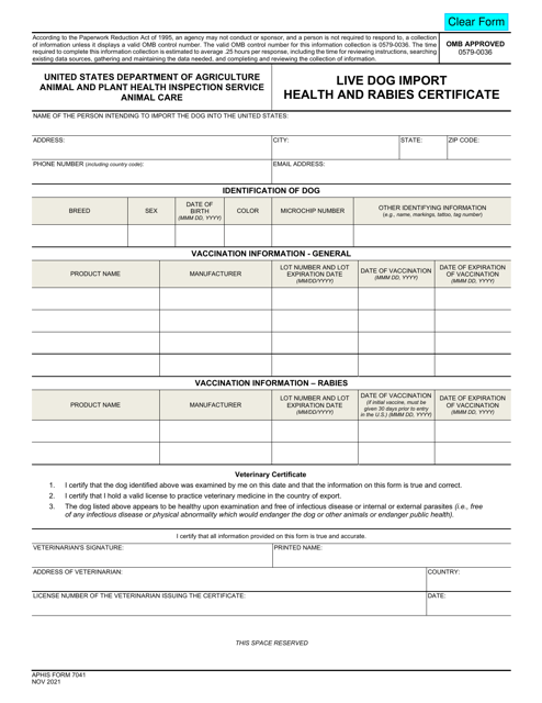 APHIS Form 7041 Live Dog Import Health and Rabies Certificate