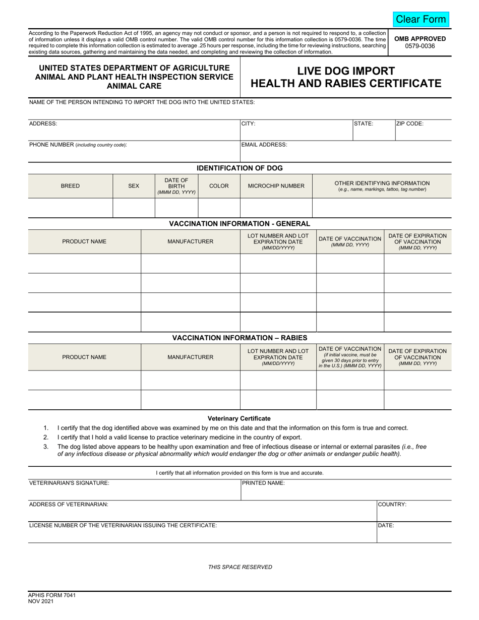 APHIS Form 7041 Download Fillable PDF or Fill Online Live Dog Import