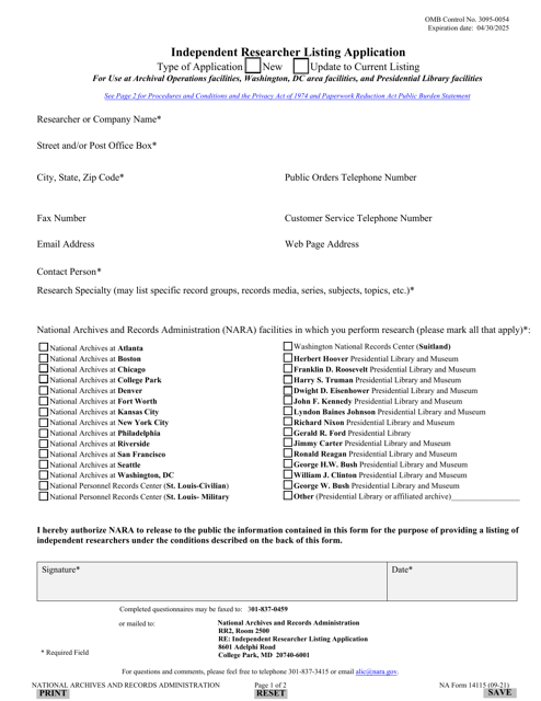 NA Form 14115 Independent Researcher Listing Application
