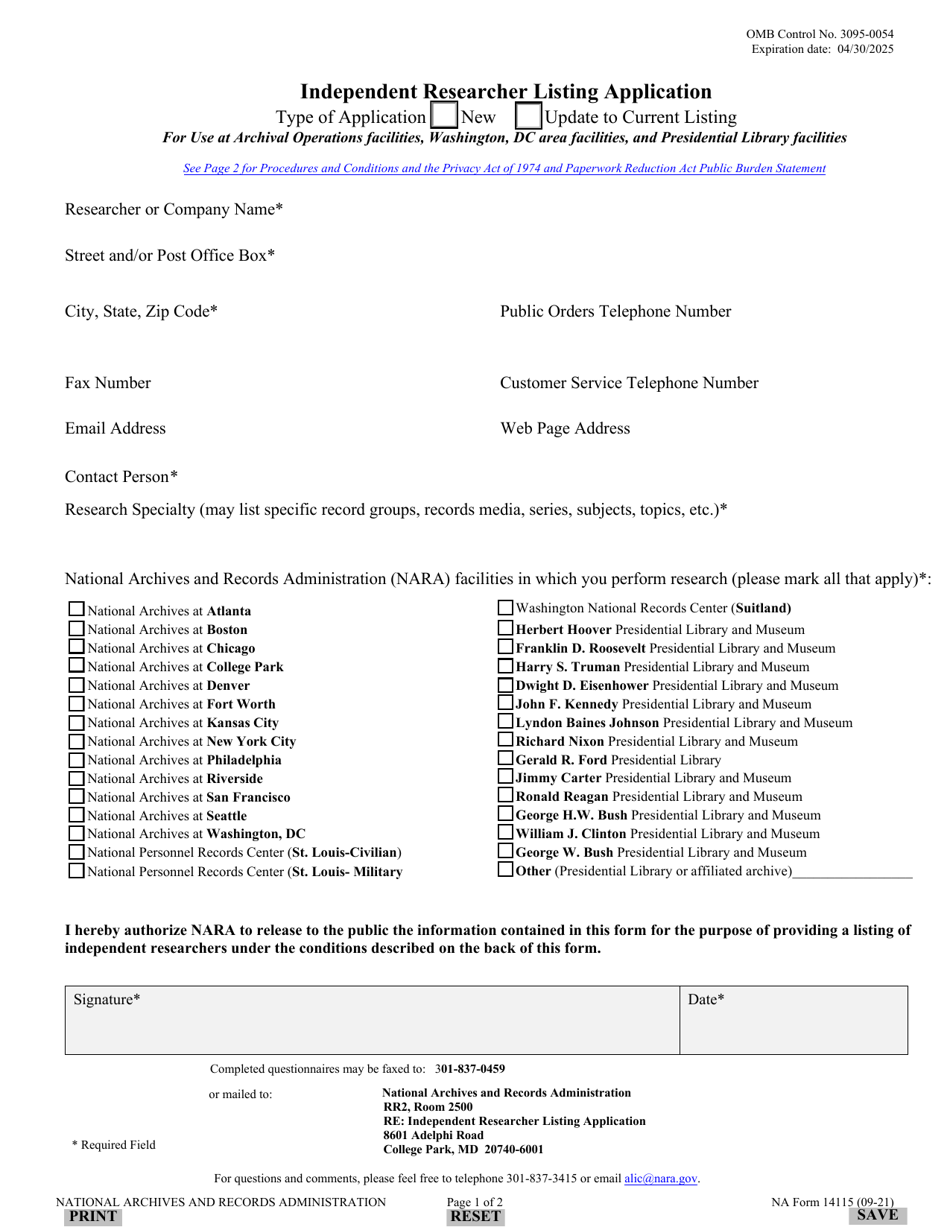 NA Form 14115 Independent Researcher Listing Application, Page 1