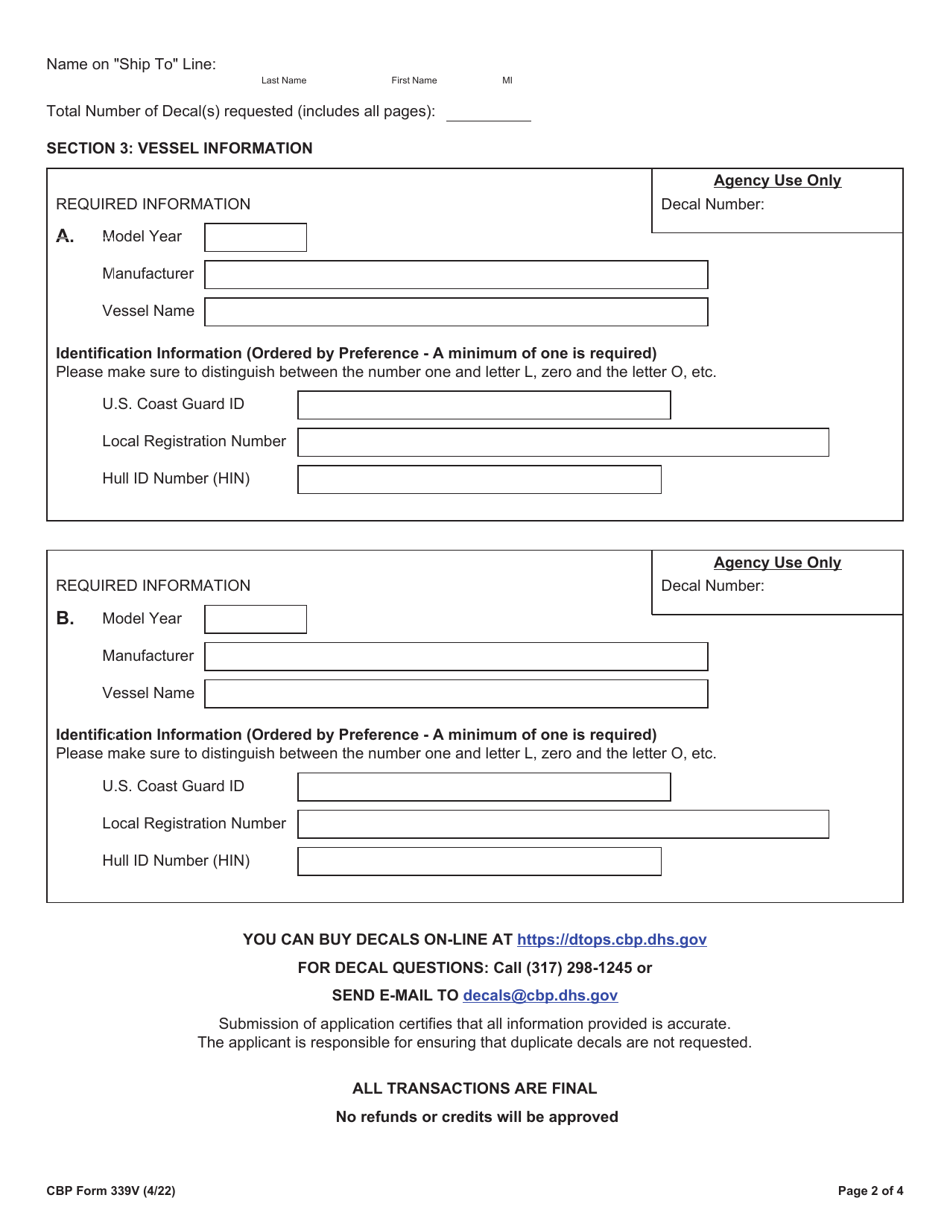 CBP Form 339V Annual User Fee Decal Request - Vessel, Page 2