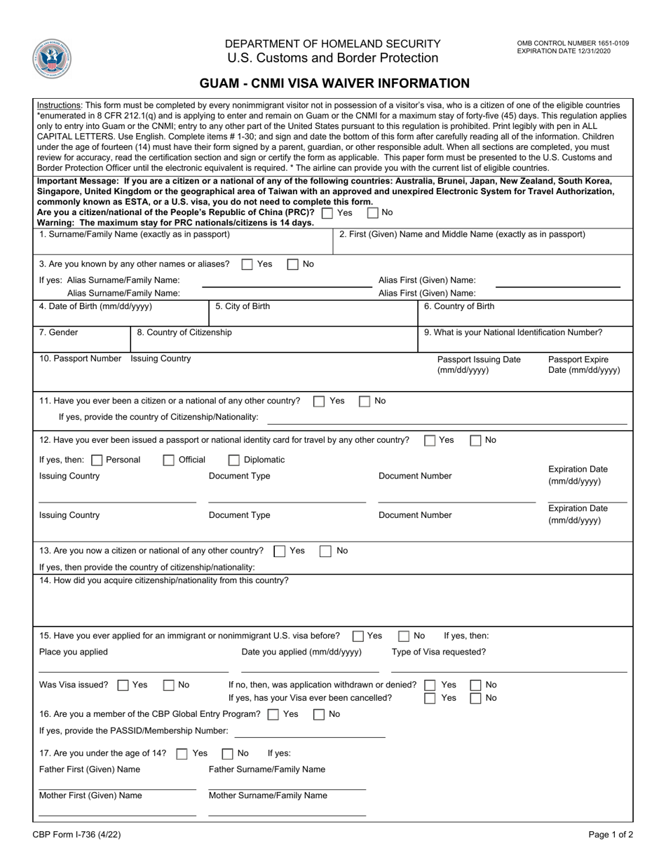CBP Form I-736 Guam - CNMI Visa Waiver Information, Page 1