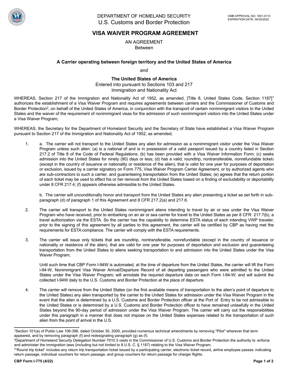 CBP Form I-775 Visa Waiver Program Agreement, Page 1
