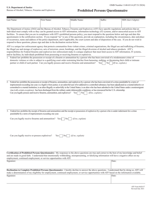 ATF Form 8620.57 Prohibited Persons Questionnaire