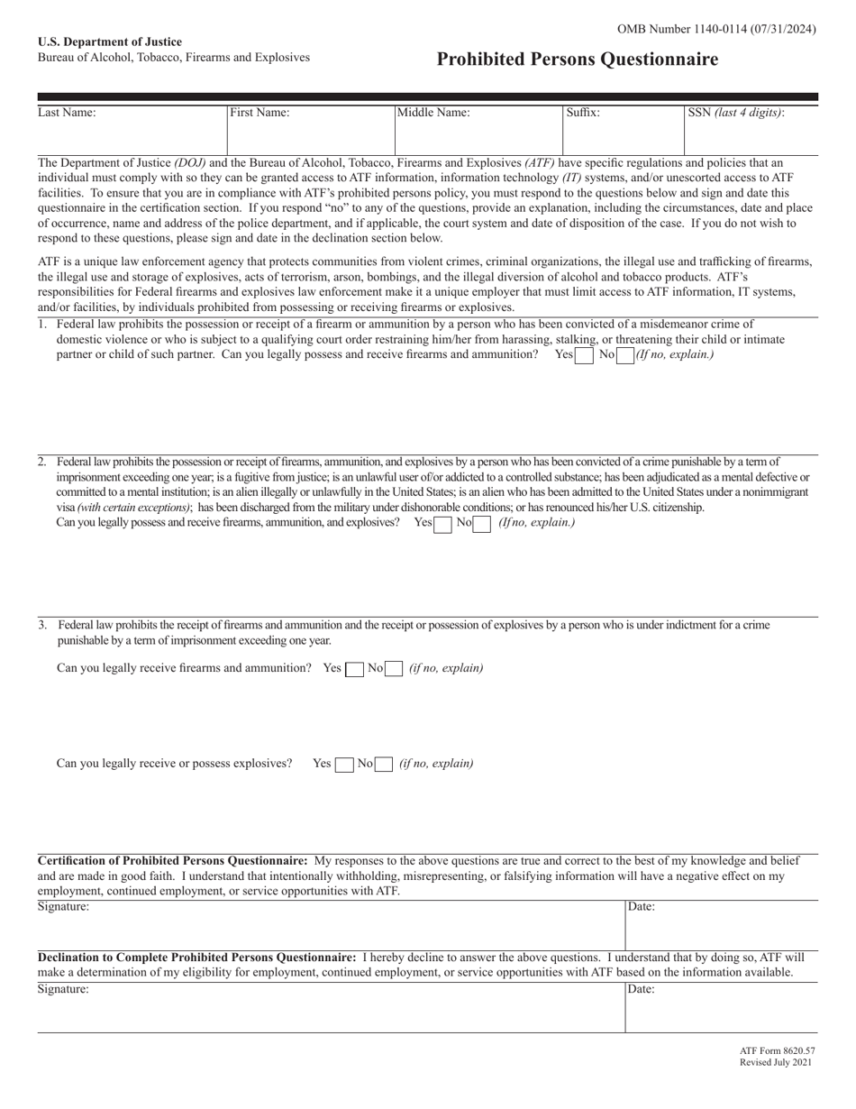 ATF Form 8620.57 Prohibited Persons Questionnaire, Page 1