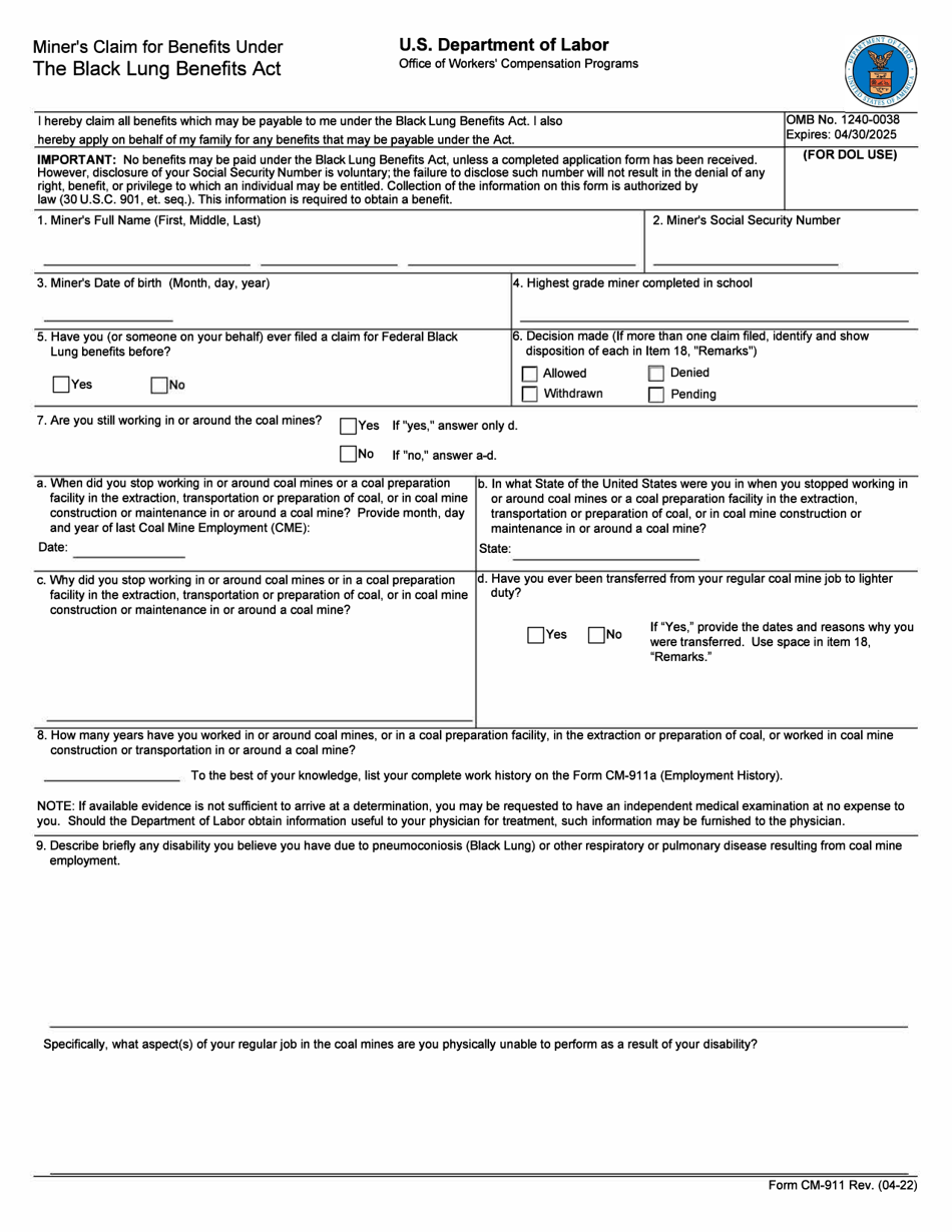 Form CM-911 Miners Claim for Benefits Under the Black Lung Benefits Act, Page 1