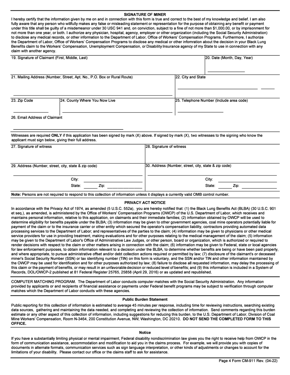 Form CM-911 Miners Claim for Benefits Under the Black Lung Benefits Act, Page 4