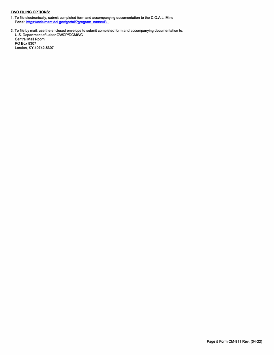 Form CM-911 Miners Claim for Benefits Under the Black Lung Benefits Act, Page 5