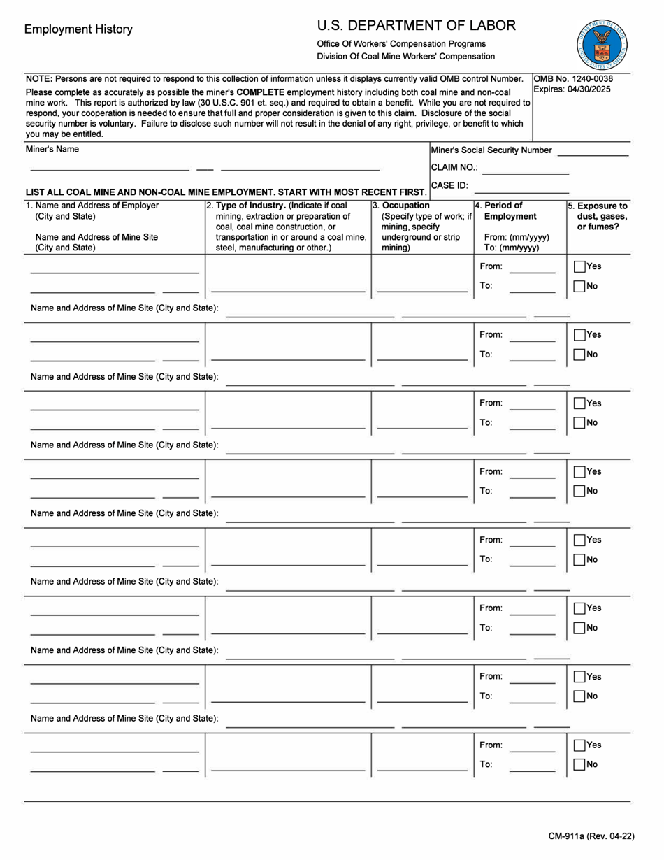Form CM-911A Employment History, Page 1