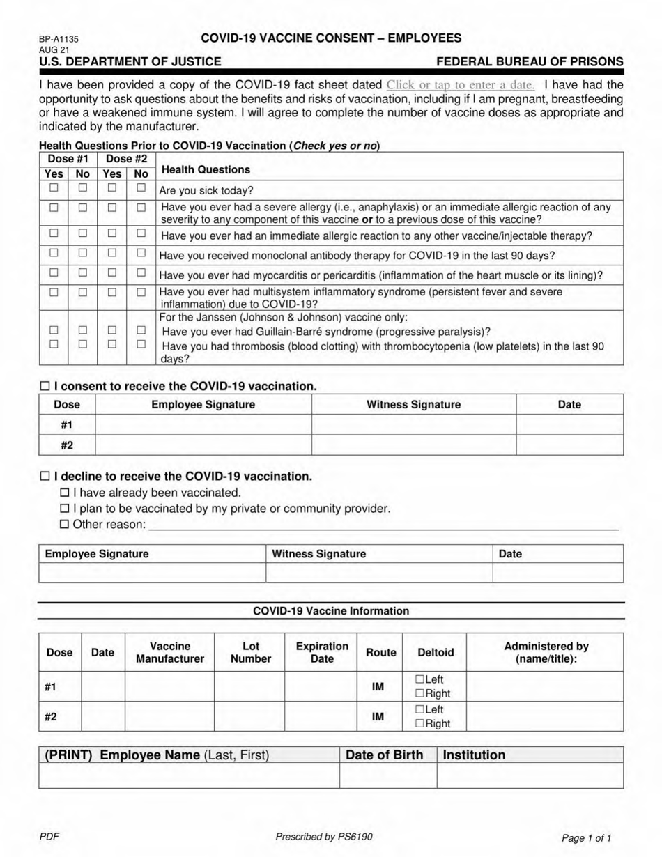 Form BP-A1135 Covid-19 Vaccine Consent - Employees, Page 1