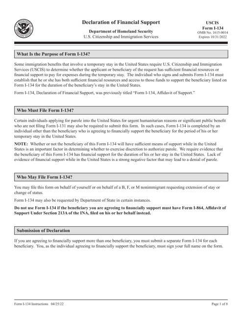 USCIS Form I-134  Printable Pdf